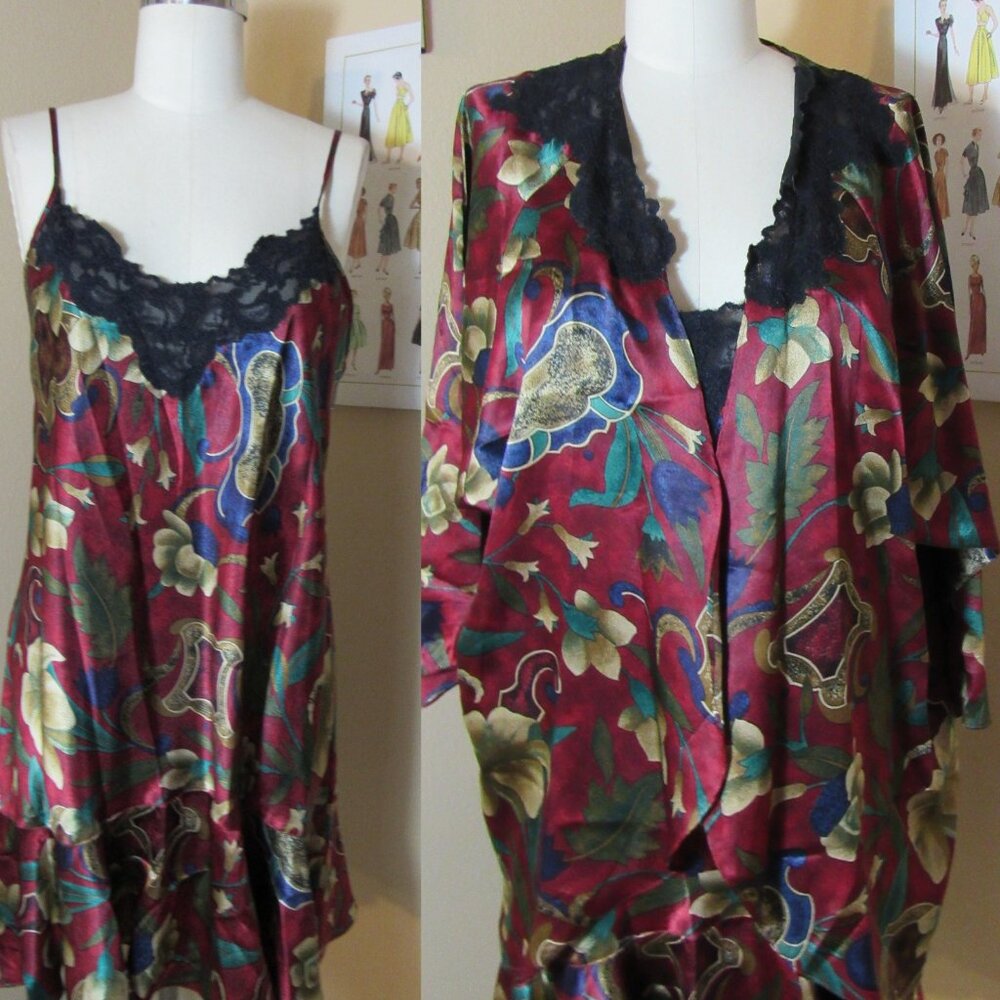 Vintage Victoria Secret Gold Label Burgundy Floral Slip and Robe Set Size Large
